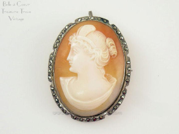 Shell Cameo Left Facing Woman with Marcasites Set in 800 Frame 
