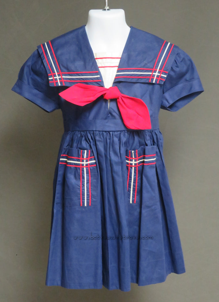 Little Girl’s Vintage Sailor Dress – Dark Blue with Red Bow White Accents Little Girl’s Vintage Sailor Dress – Dark Blue with Red Bow White Accents
