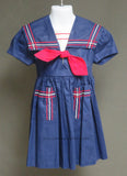Little Girl’s Vintage Sailor Dress – Dark Blue with Red Bow White Accents