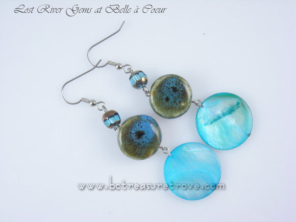 Handmade Dangle Earrings Turquoise Dyed Shell, Ceramic Beads, Glass Beads