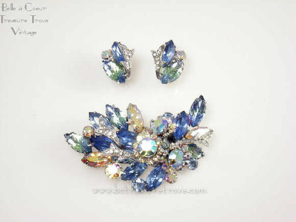 Vintage Coro Light Blue, Green, Crystal, AB Organic Leaf Brooch & Earrings 