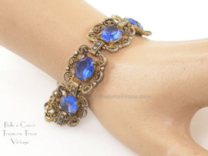 Vintage Filigree Bracelet (Probably Czech) with Blue Glass Stones 