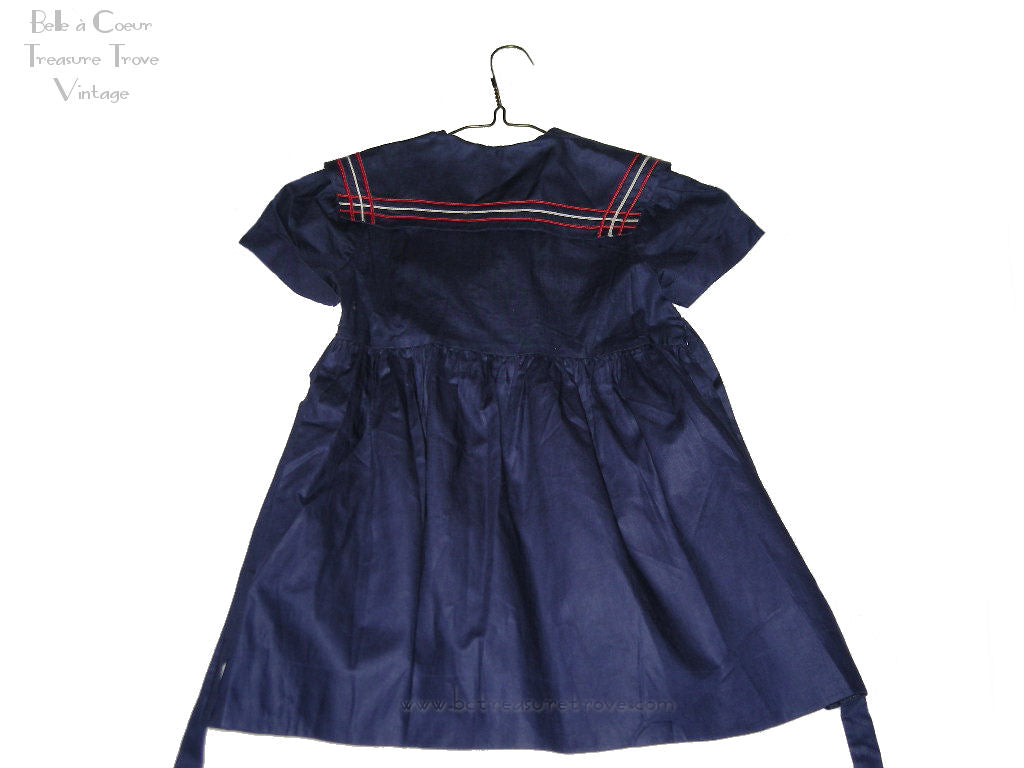 Little Girl's Vintage Sailor Dress  Dark Blue with Red Bow White Acce   Belle  Coeur Treasure Trove