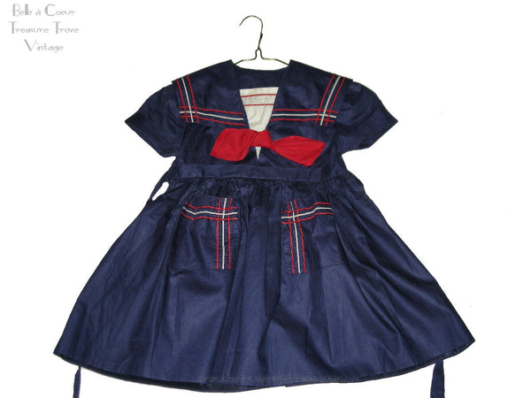 Little Girl s Vintage Sailor Dress Dark Blue with Red Bow White