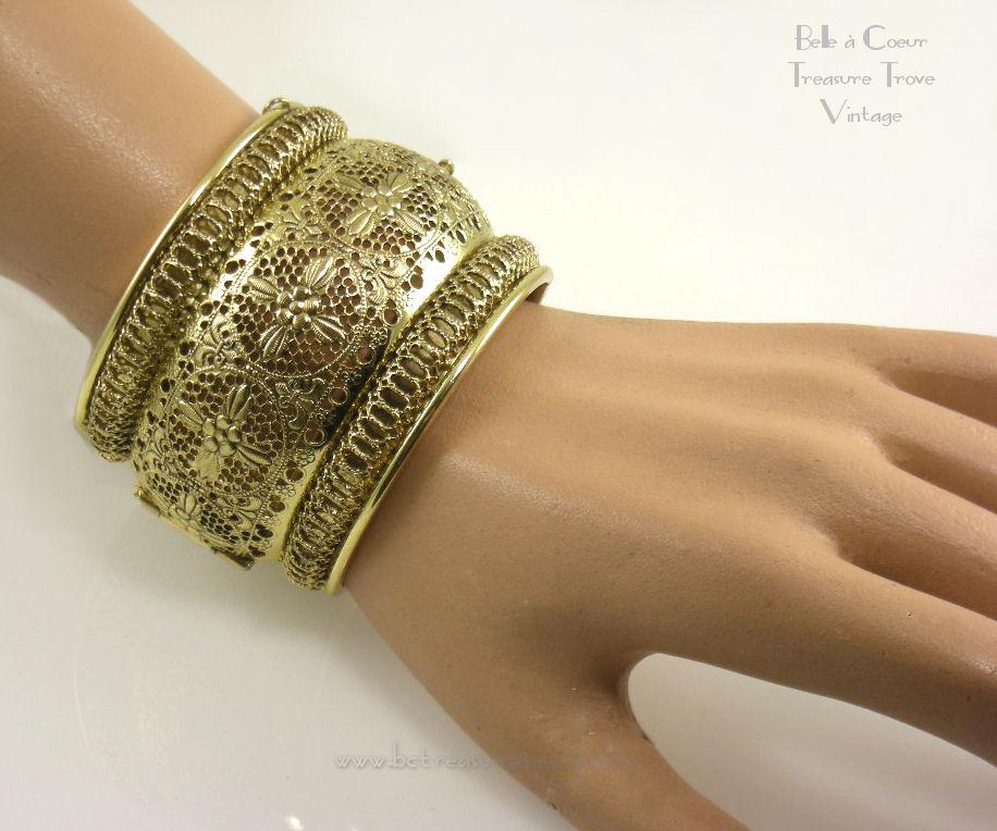 Whiting and Davis Vintage Goldtone Filigree Cuff Bracelet Huge