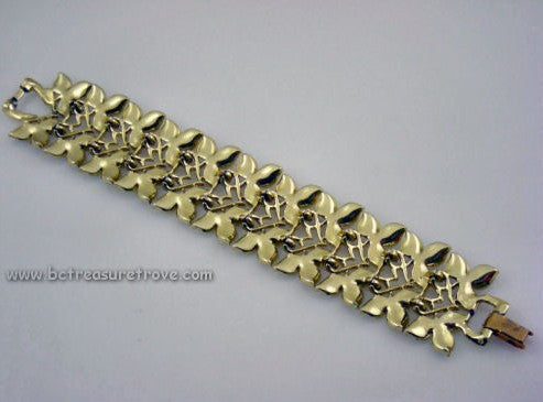 Wide Leaf Design Vintage Bracelet Signed Judy Lee - Gold and Silver Metal
